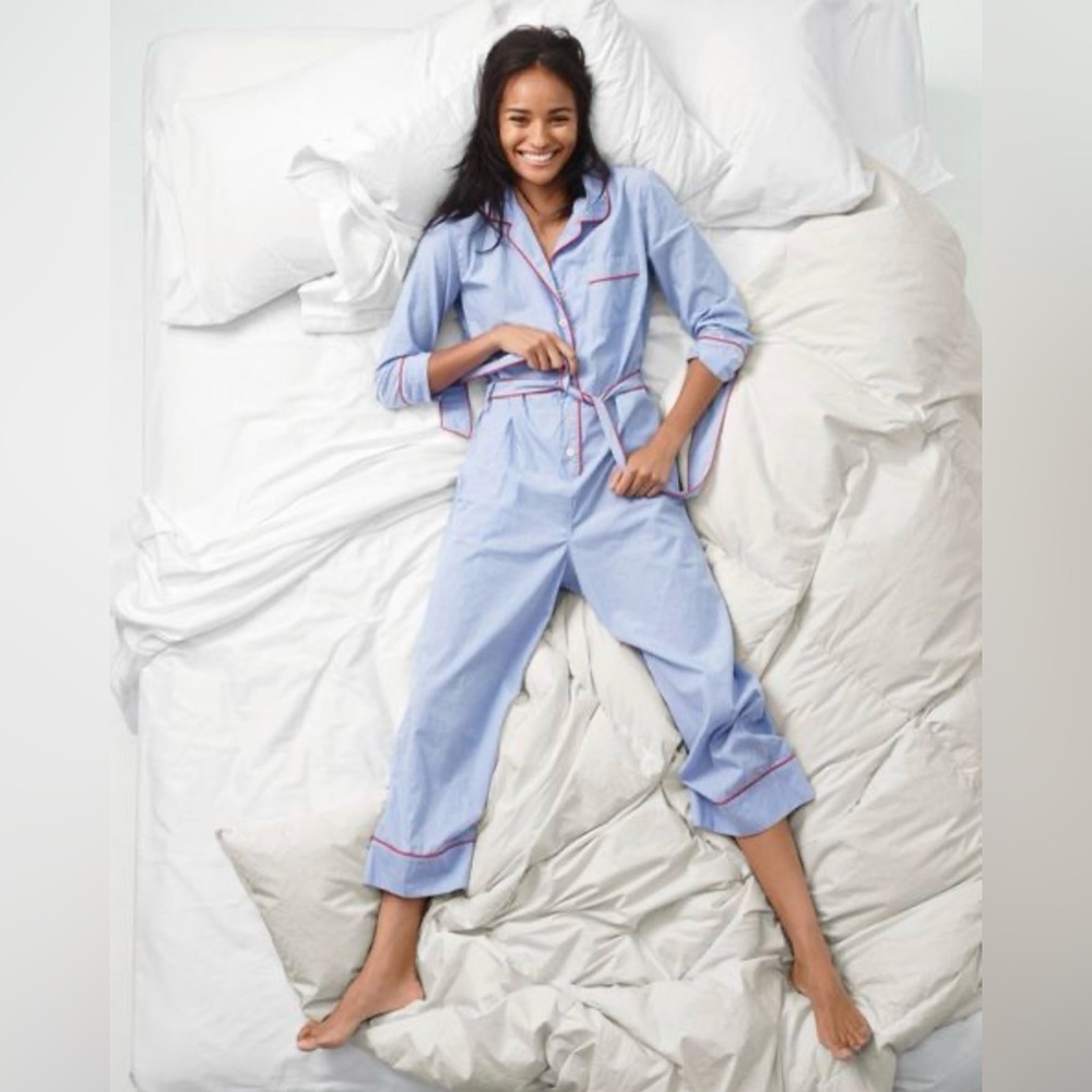 J Crew Light Blue Pajama Jumper Jumpsuit with Red Trim XS